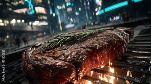 Juicy grilled steak with rosemary sizzling on barbecue over open flame, city lights and urban nightlife in the background.