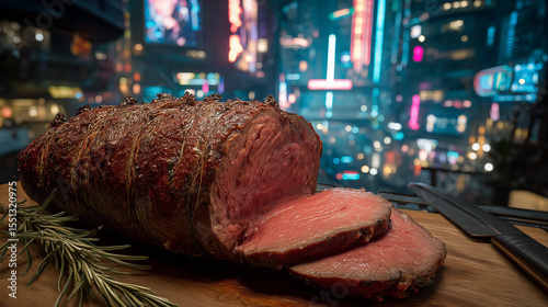 Juicy roast beef with fresh rosemary on a wooden board, city lights and neon signs glowing in the urban night background.