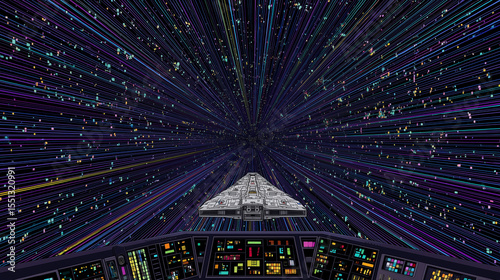 Spaceship cockpit view flying at light speed through a colorful starfield, with futuristic controls and vibrant streaks in deep space.