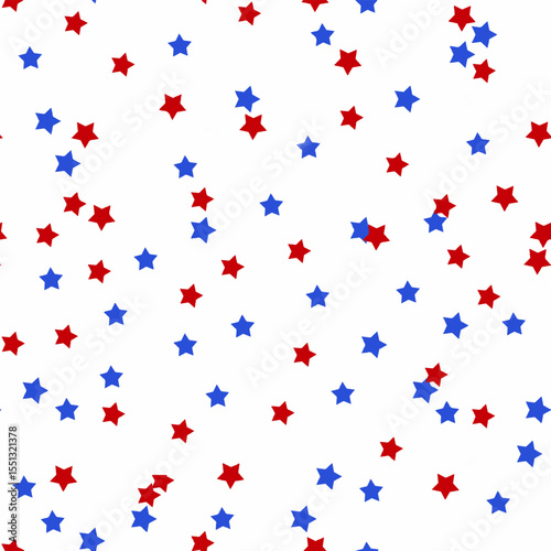 A vibrant pattern consisting of red and blue stars distributed across a white base, ideal for festive and celebratory designs or backgrounds.