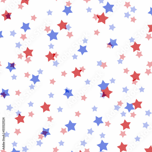 A vibrant pattern consisting of red and blue stars distributed across a white base, ideal for festive and celebratory designs or backgrounds.
