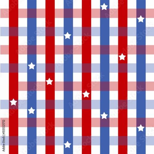 Decorative pattern featuring red, white, and blue stripes interspersed with small white stars, symbolizing patriotism and celebration with a clean, minimalistic style.