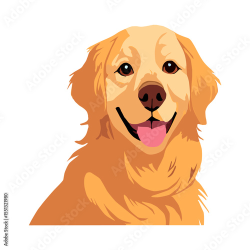 Vector illustration of a happy Golden Retriever dog with his tongue out and a friendly expression. White background, flat style, ideal for designs, decoration, or graphic projects.