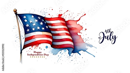 Artistic Watercolor American Flag with Red and Blue Splashes and '4th of July' Text for Independence Day Celebrations