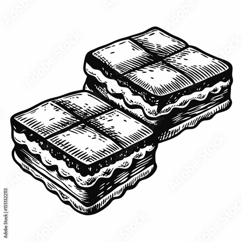 Two delicious brownie desserts in retro engraved style, tempting treats for any occasion. Each brownie is rich and decadent, enhanced by layers of moist goodness with creamy filling.