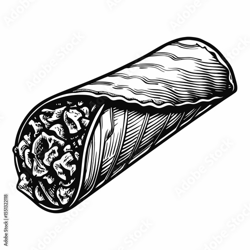 Delicious burrito illustration, featuring savory filling wrapped in warm tortilla. This sketch burrito includes appetizing mix of meat and fresh ingredients, beautifully rendered.