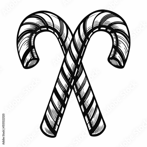 Crossed candy canes in black and white offer sweet Christmas treat, vintage winter holiday icon. Festive crossed candy canes evoke warmth and joyful holiday spirit, as a Christmas tradition.