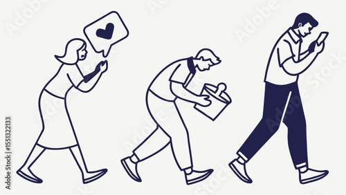 Three people are shown using their smartphones, one receiving a like notification, one looking at a phone, and one walking while looking at their phone