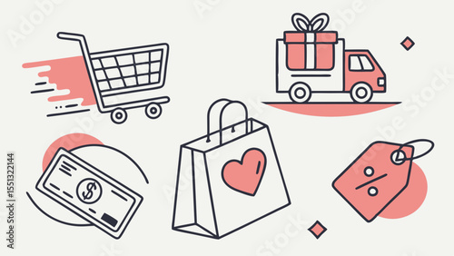 A set of shopping icons including a shopping cart delivery truck shopping bag money tag and gift are isolated on white background