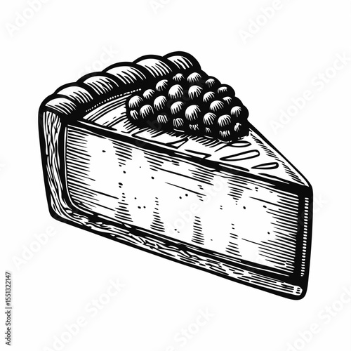 Cheesecake dessert drawing with topping, sketch style illustration of sweet slice of cheesecake. Detailed cheesecake illustration for menu design, cafe advertising, or culinary blog.