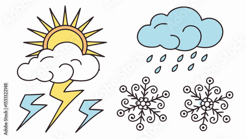 A simple illustration shows weather icons including a sun cloud rain and snow isolated on white background