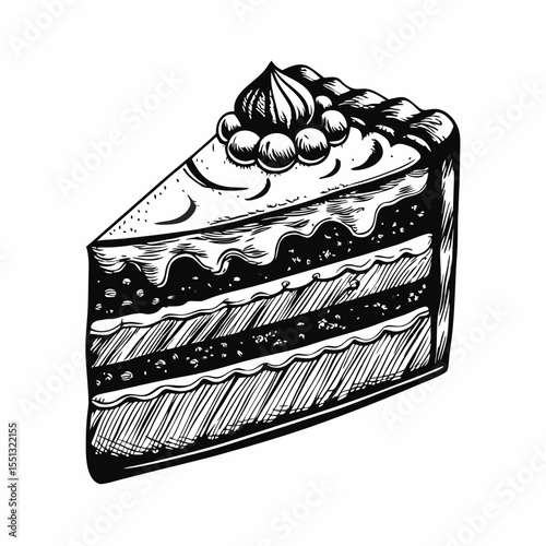 Delectable chocolate cake in monochrome sketch style. Chocolate cake slice with creamy layers and topping, presented in detailed hand-drawn fashion, emphasizes indulgence, and visual appeal.