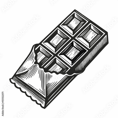 Chocolate bar illustration shows wrapper partly opened to reveal sweet treat. Delicious chocolate bar can be used for promotional materials of cafe or candy store.