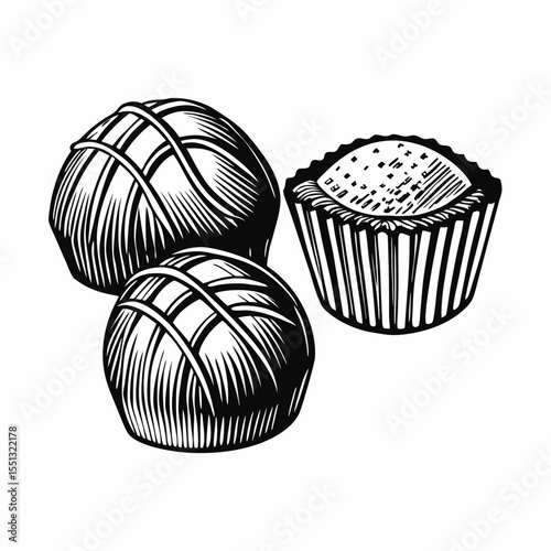 Chocolate truffles depicted with fine etching lines exhibit detail and texture. Chocolate truffles shown in black and white are presented with shading and fine lines,