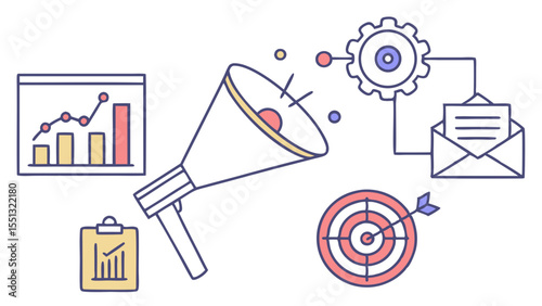 Marketing strategy is illustrated with a funnel target email and graph icons isolated on white background