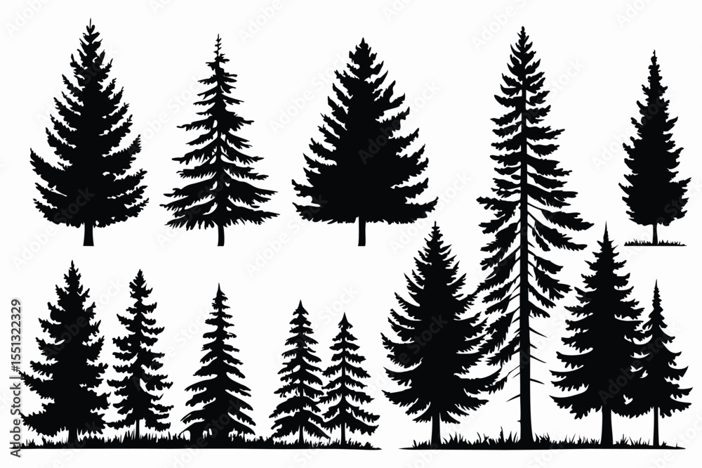 Obraz premium Evergreen forest tree vector collection – isolated pine and fir tree shapes