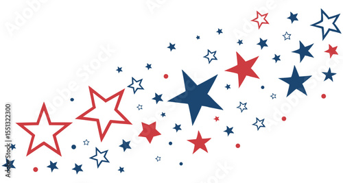 USA border, American flag stars banner, 4th July decoration. Red and blue stars and dots scattered across a white background.