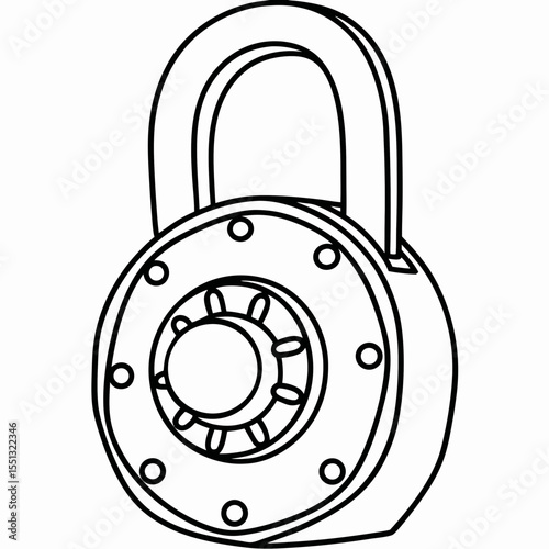 Digital lock outline shows secure access mechanism, a digital lock with round body and combination dial. Digital lock provides security and access control, illustrating protection and encryption.