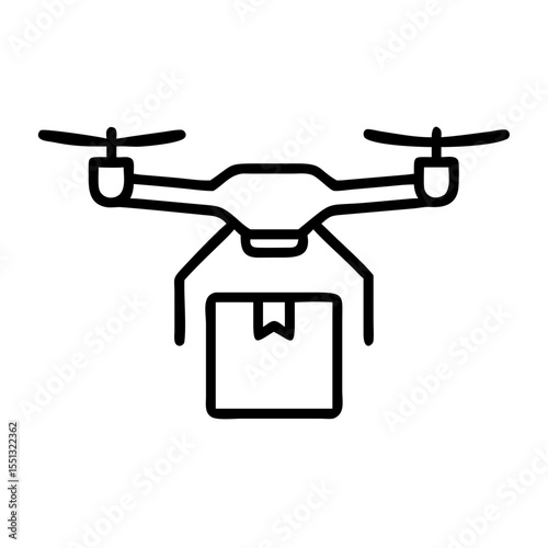 Drone delivery box illustrated with quadcopter carrying carton in thin line style. Drone delivery box includes package, cargo, and flying device.