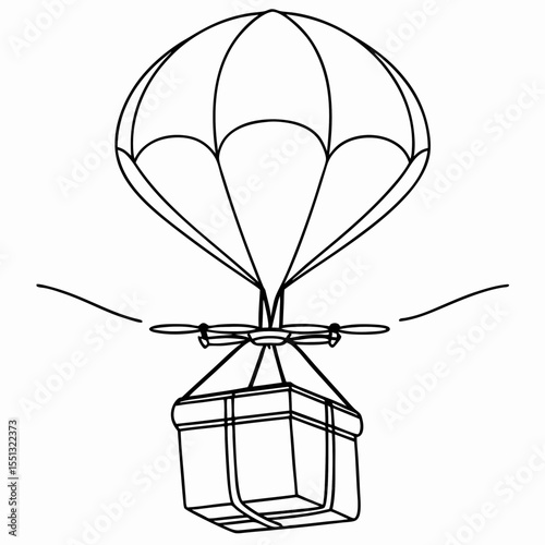 Drone delivery box with package hanging from parachute. Drone delivery box shows fast shipping technology with automated process, with air transport for e-commerce.