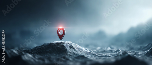 Metallic red location pin glowing on abstract mountain landscape, futuristic navigation, digital map moody atmosphere adventure concept