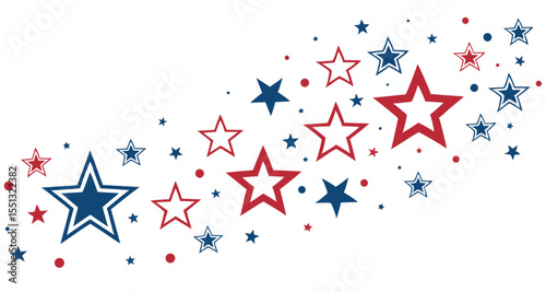 USA border, American flag stars banner, 4th July decoration. Red and blue stars and dots scattered across a white background.