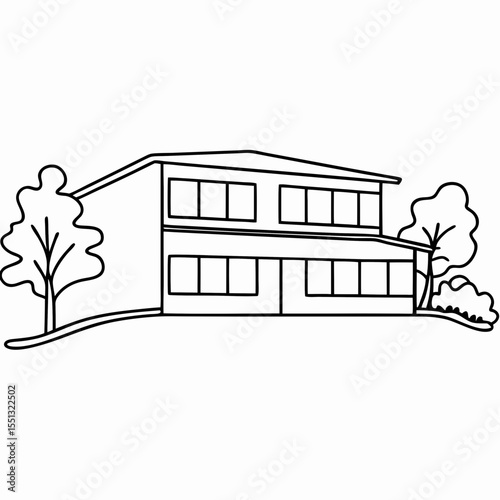 Green-building outline of modern house and garden on rolling landscape. Minimalist green-building concept with contemporary architecture, line drawing shows eco-friendly residential home.