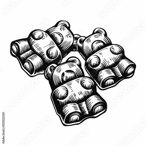 Gummy bears illustration in ink, showing delicious sweet candy bears. Gummy bears artwork is an eye-catching design element in black and white, creating timeless sweetness.