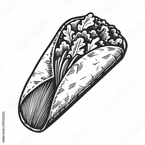 Appetizing gyro sandwich with fresh lettuce. Tasty gyro with traditional meat filling and green salad. Delicious gyro can be used for menu design and food-related projects.