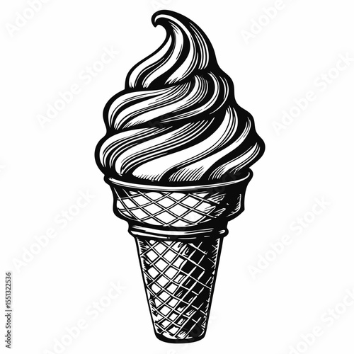 Ice-cream-cone drawing with soft serve in monochrome style. Delicious ice-cream-cone illustration, a sweet swirl of frozen dessert inside waffle cone.