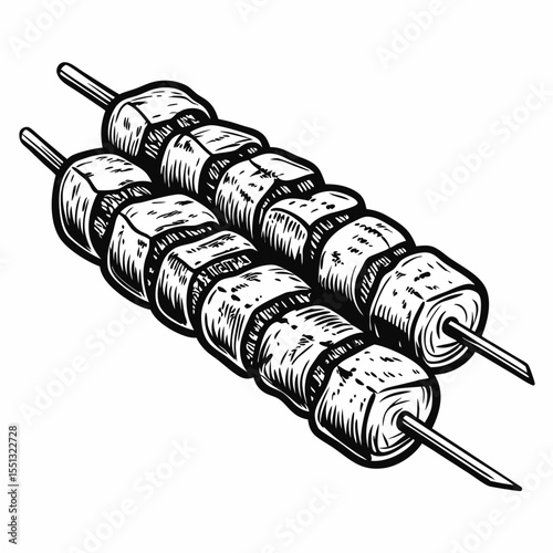 Two skewers of delicious kebabs shown in detailed monochrome sketch. These tasty kebabs on sticks present grilled pieces of meat and vegetable.