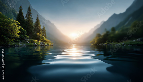 Mountain lake with gentle waves reflecting golden sunrise, pine trees and misty mountains