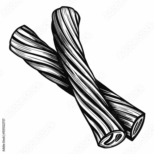 Twisted licorice candy depicted in black and white drawing, ready for confectionary creations. Twisted licorice illustration shows delicious confectionery elements and tasty dessert attributes.