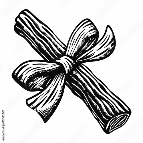 Striking licorice illustration features two root pieces tied with a bow in monochrome style. This licorice illustration is detailed with rustic, hand drawn shading,