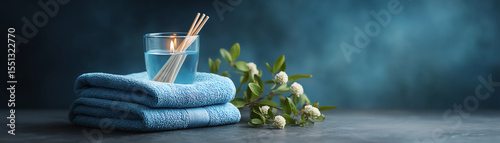 Aromatherapy diffuser sticks, glass, blue towel and white flowers create relaxing spa atmosphere on gray surface