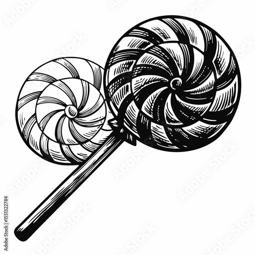 Lollipop treats in a sketch, showcasing round lollipops in black and white graphic style. These spiral lollipops are meticulously sketched, evoking nostalgia and sugary delights,