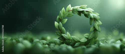 Nature inspired design with leaves forming perfect green circle, symbolizing ecofriendly concepts and harmony in tranquil setting
