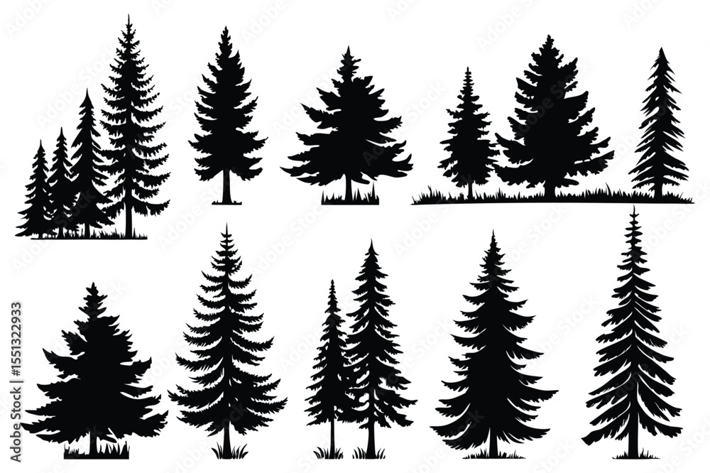 Obraz premium Evergreen forest tree vector collection – isolated pine and fir tree shapes