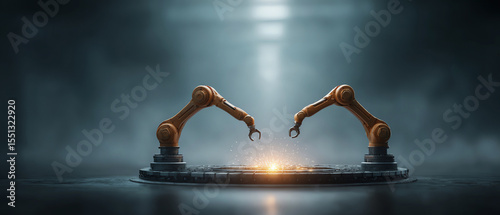 Robotic arm automation industry technology metal factory circular sparks futuristic machine working in harmony