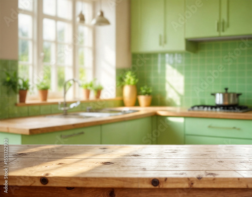 Natural wood countertop with bright daylight and cozy kitchen background.