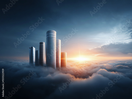 Reflective high rises under layered sunrise clouds, modern skyscraper, futuristic cityscape, dramatic sky serene atmosphere