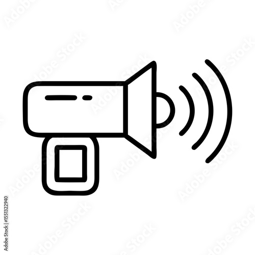 Noise detector represented by black and white outline icon. Noise detector is showing radiating sound waves, conveying information about auditory measurement.