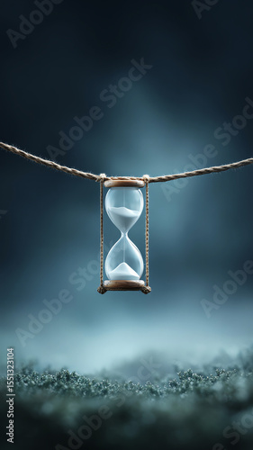Surreal hourglass balancing on string above misty ground, symbolizing time, patience and balance in dreamy atmosphere