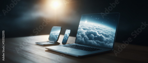 Multiple connected devices syncing through cloud technology, laptop, tablet, smartphone, modern workspace, digital communication