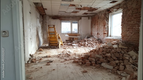 Interior renovation scene with exposed brick walls, broken ceiling panels and construction rubble, ideal for architecture visuals, real estate before-after and restoration content