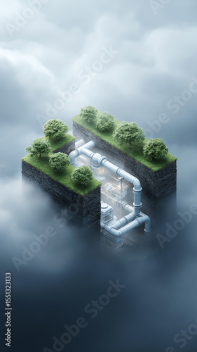 Underground storage facility hightech pipe green trees misty atmosphere futuristic environmental cloud nature technology