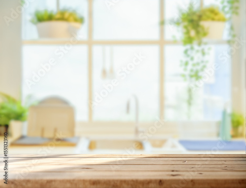 Bright modern kitchen interior with empty wood table in foreground.