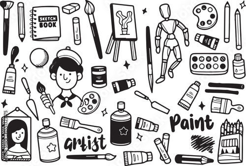 Painting and Art Doodle Vector – Brush, Easel, Colors, Artist Tools, Sketchbook, Hand Drawn Illustration

