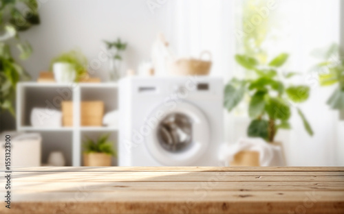 Cozy domestic laundry scene with wooden tabletop and soft natural light.