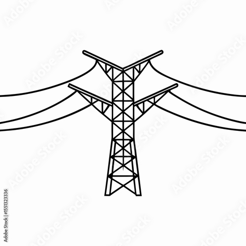 Isolated power grid icon presented with electricity pylon, transmission tower, and power lines in minimalistic design.